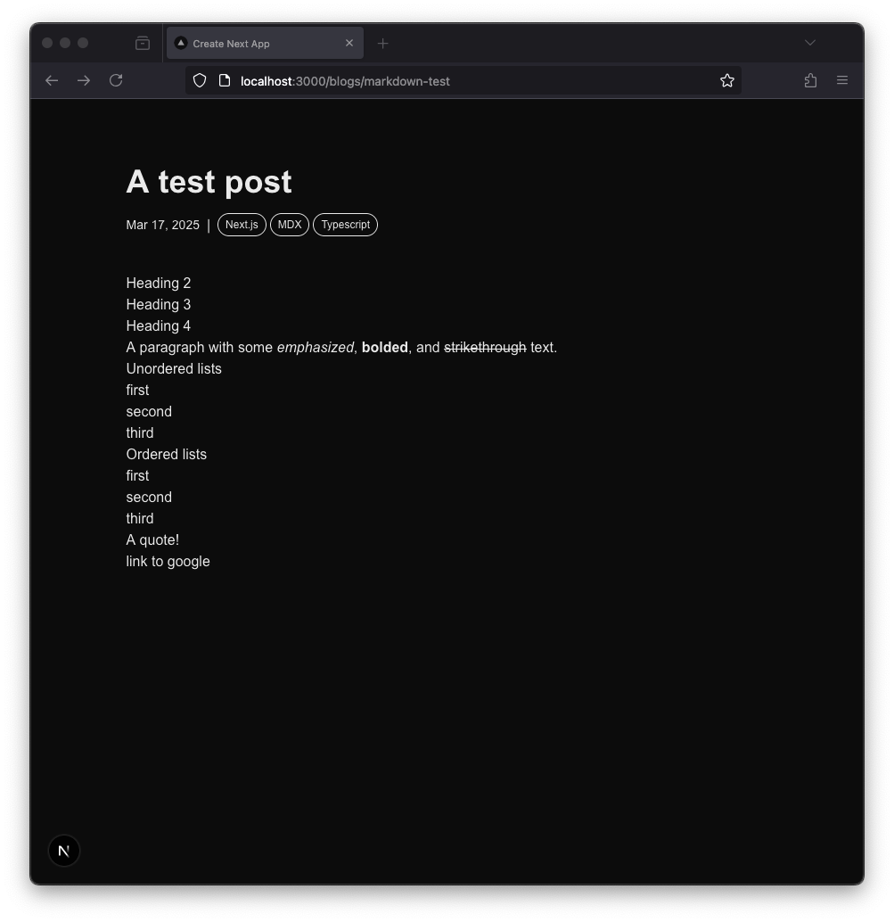 The initial markdown-test page is shown. There is no formatting applied to the markdown content, yet.