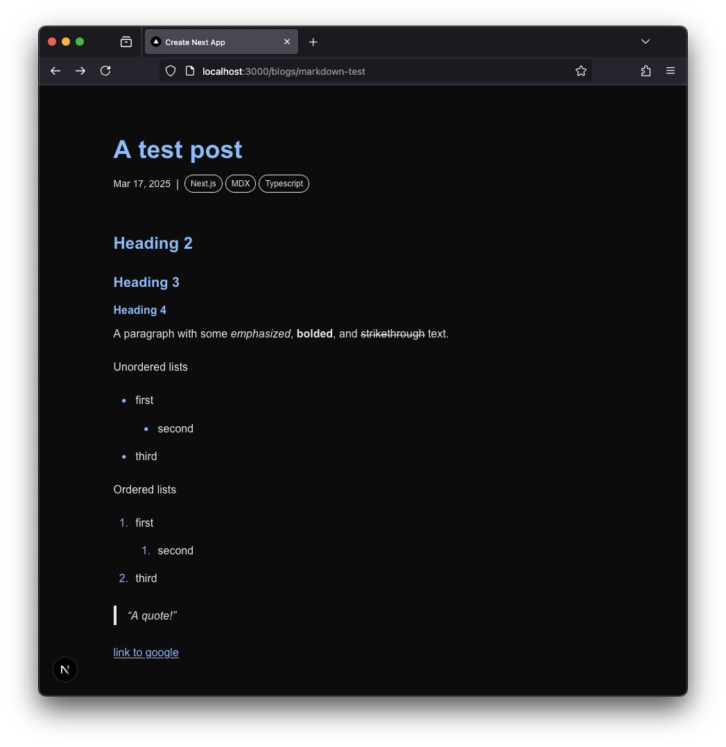 The updated markdown-test page is shown. Formatting is applied using the Tailwind Typography plugin.